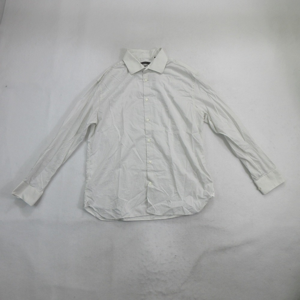 John Varvatos Men Dress Shirt 16.5 Slim Fit White Blue Micro Dot Cotton